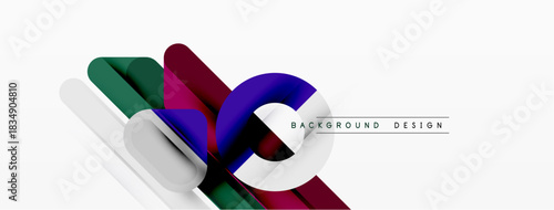 Abstract geometric shapes overlap, creating dynamic composition. White background enhances vibrant color contrast. Modern design element.