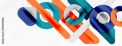 Abstract geometric shapes overlap, creating dynamic composition. Blue, orange, gray tones dominate design. Minimalist style.