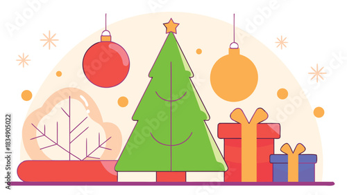 Minimalist Christmas Tree Scene with Festive Ornaments and Gift Boxes Vector Illustration
