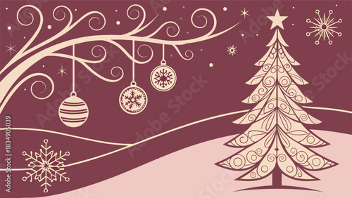 Retro inspired Christmas tree vector art with holiday ornaments and falling snow