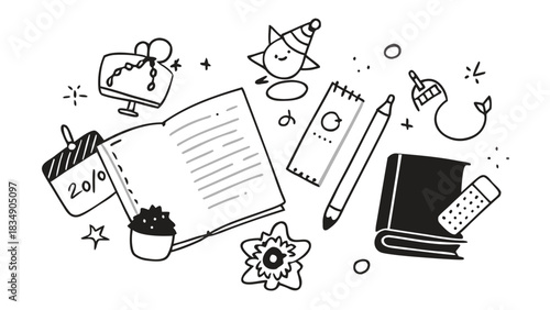 Hand Drawn Doodle Icons Set Study Learning Office Supplies Black White