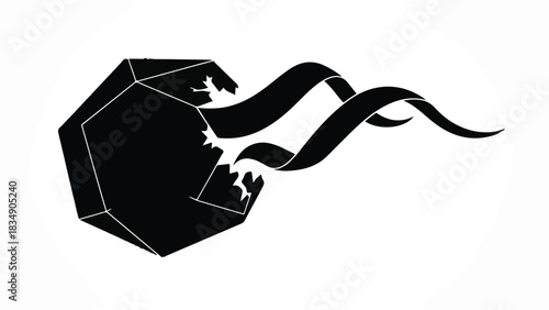Abstract dark geometric shape with flowing ribbons against a white background