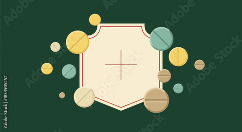 Illustration of a shield with a plus sign surrounded by colorful pills on green background