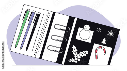 Notebook and pens with festive Christmas icons winter planning vector art
