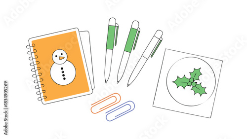 Holiday office supplies collection festive notebook pens and holly sticker vector