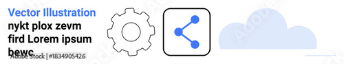 Technology, cloud computing, data sharing, network, innovation, system development. Gear icon with connection graph and cloud symbol. Technology and cloud computing concept