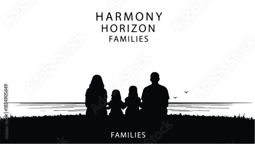 Silhouettes of a family of four enjoying a peaceful sunset by the ocean.