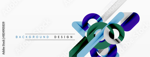 Abstract geometric shapes overlap, creating dynamic visual effect. Blue, green, silver tones dominate white space. Modern design element.