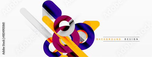 Abstract geometric shapes overlap, creating dynamic composition. Bright colors contrast against white background. Modern design element.