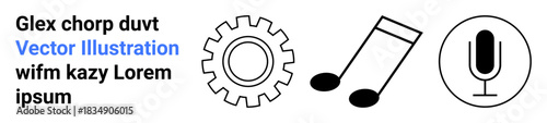 Technology, creativity, engineering, media production, communication, and audio recording. A gear, music note and microphone icons in black and white. Technology and creativity concepts