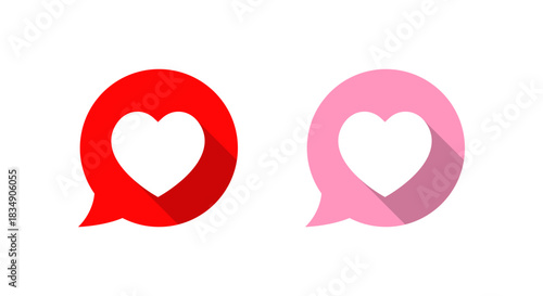 Speech bubble with heart icon. Romantic message and love communication symbol with long shadow