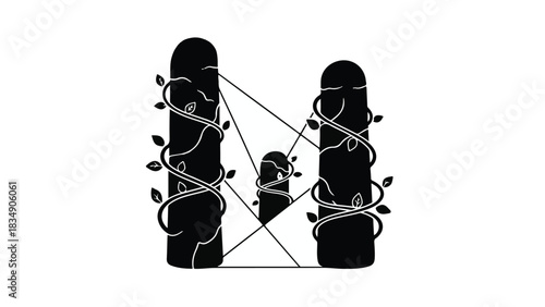 Abstract representation of growth and connection with intertwined vines and pillars.
