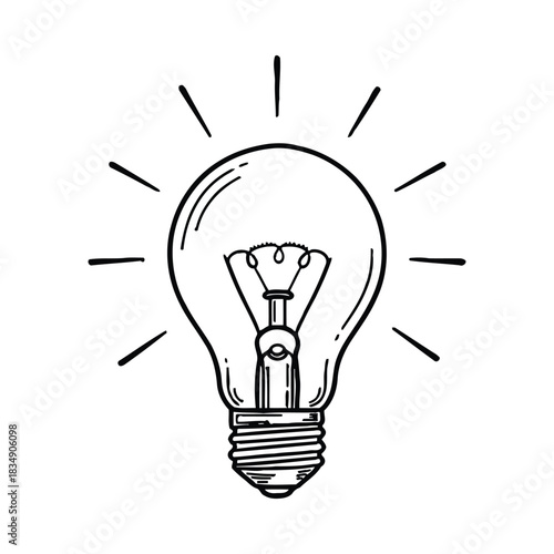 Hand drawn light bulb with radiating lines idea concept