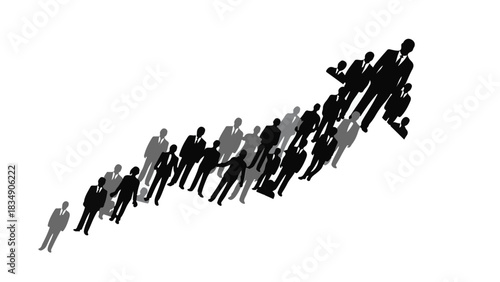 Silhouetted business people form an upward trending arrow, symbolizing growth and success.