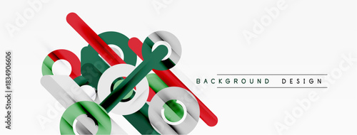 Abstract geometric shapes overlap, creating dynamic composition. Red, green, silver tones dominate white space. Modern design element.