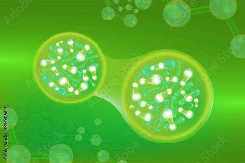 Probiotic and Hyaluronic acid skin solutions ad, green collagen, and vitamin serum drops with cosmetic advertising background, ready to use illustration vector.