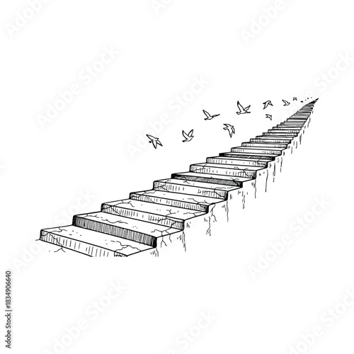 Cracked stone stairs leading upwards to birds in flight