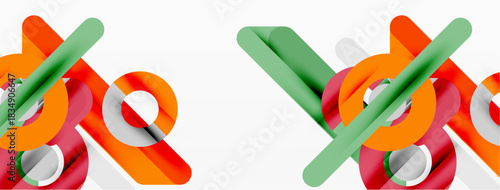 Abstract geometric shapes, vibrant colors, modern design. Cylinders, rings intersect creating dynamic composition. Clean aesthetic.