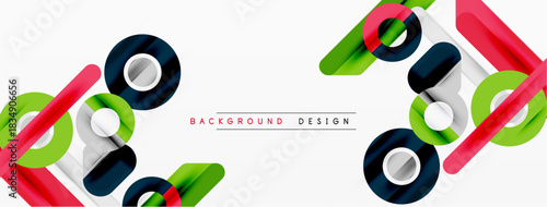 Abstract geometric shapes overlap, creating dynamic composition. Red, green, gray colors dominate white background. Modern design element.