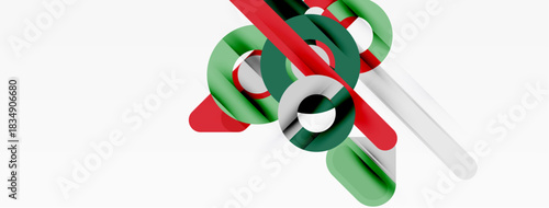 Abstract geometric shapes overlap, creating dynamic composition. Red, green, white elements present modern aesthetic. Minimalist design.