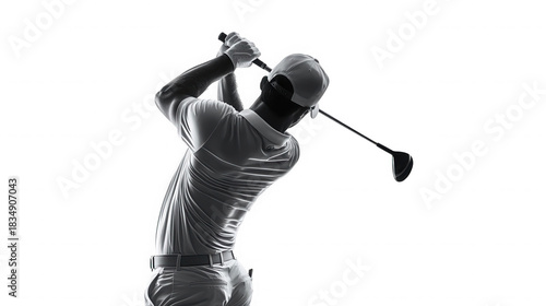 A golfer in mid swing wearing a cap and gloves against a stark black background in monochrome style on transparent background