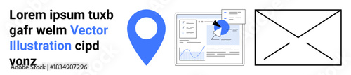 Marketing, analytics, data visualization, geolocation, online communication, messaging interface. A blue location pin, analytics chart and email envelope symbol. Marketing and analytics concepts