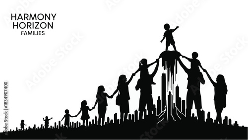 Diverse family silhouettes ascend a stylized cityscape, celebrating unity and progress towards a brighter future.