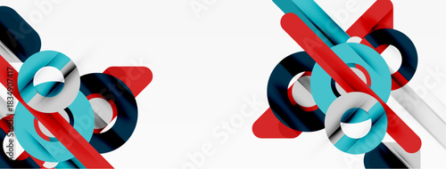 Abstract geometric shapes, vibrant colors, modern design. Interlocking forms create dynamic composition, clean aesthetic.