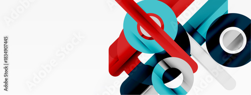 Abstract geometric shapes overlap, creating dynamic composition. Red, teal, navy, white colors dominate design. Modern aesthetic.