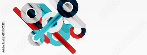 Abstract geometric shapes overlap, creating dynamic composition. Colors include red, teal, white, dark blue. Minimalist design.