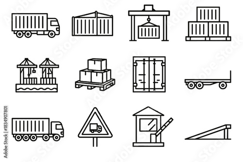 Container stack truck customs icon pallet goods road sign crane icons vector