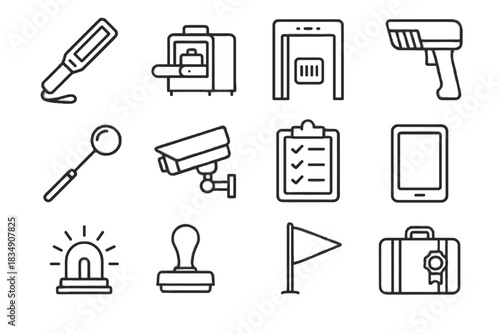 Metal alarm vector border clipboard icon passport camera scanner arch control flag