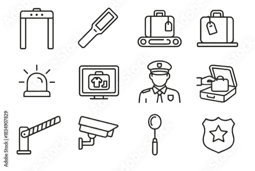 Scanner camera vector icon security uniform mirror luggage badge metal inspection set