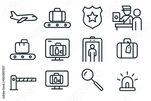 Security customs icons officer device monitor check inspection suitcase airport alarm vector