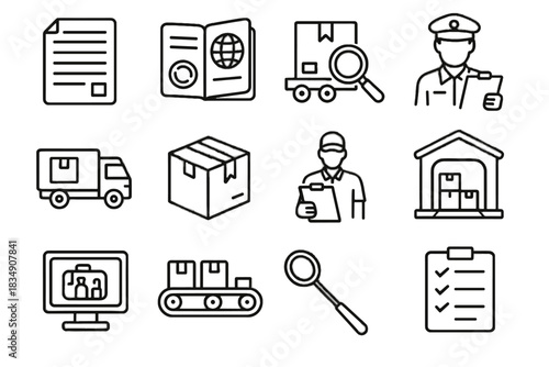 Warehouse vector cargo clipboard passport customs icons alarm process sealed declaration icon