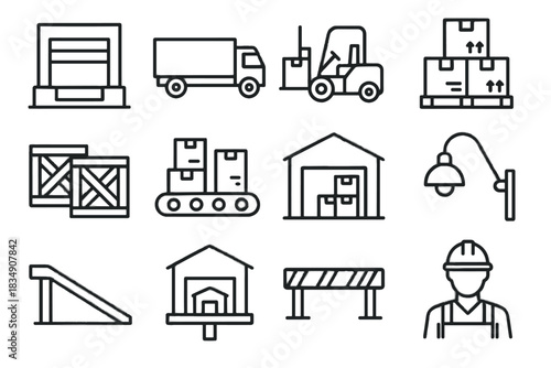 Vector exterior icon cargo system ramp warehouse trailer worker boxes dock icons