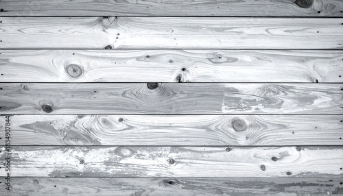Close-up of horizontal wood planks, varying in color, showing knots, nail heads and worn areas. Grayscale image