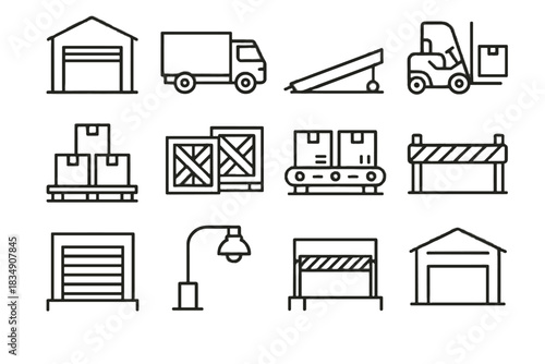 Set dock icon delivery light vector truck conveyor pallet belt warehouse