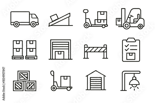 Checklist sign forklift warehouse unloading crates pallets truck vector dock icon barrier