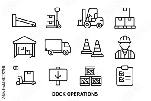 Truck vector operations loading backing icons crates pallet stack ramp dock icon