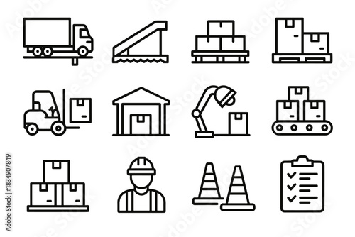 Icon vector freight checklist semi cones stacked signage ramp belt dock