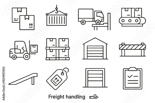 Truck conveyor shipping icons ramp warehouse freight cargo vector door label handling