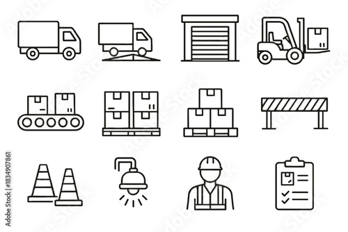 Vector ramp door logistics belt dock worker set pallets cargo loading icon