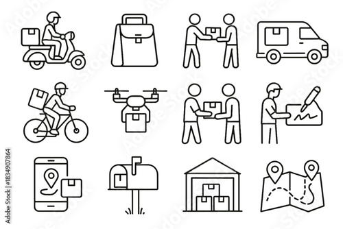 Drone parcel bicycle icons courier customer package vector icon service handover person