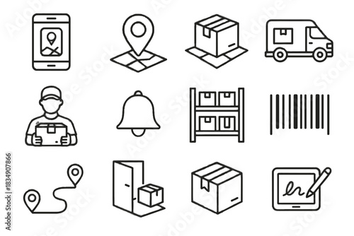 Parcel signature location customer icon seal map warehouse vector barcode smartphone tracking