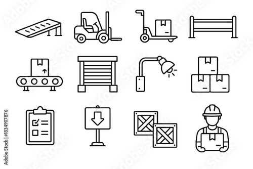 Sign belt loading worker icon light set warehouse crates dock vector