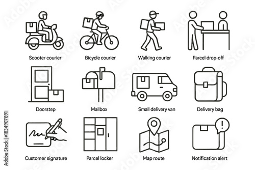 Delivery notification walking icons small mile last mailbox icon parcel vector courier