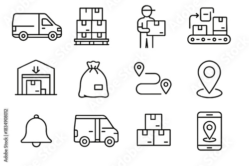 Stacked map vector loading tracker bell icon worker gps warehouse van icons