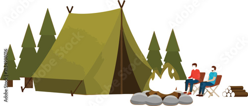 Campers enjoying cozy campfire time together under a stunning sunset sky