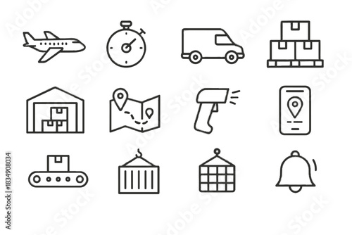 Express net vector barcode warehouse conveyor map freight icon pallet airplane icons